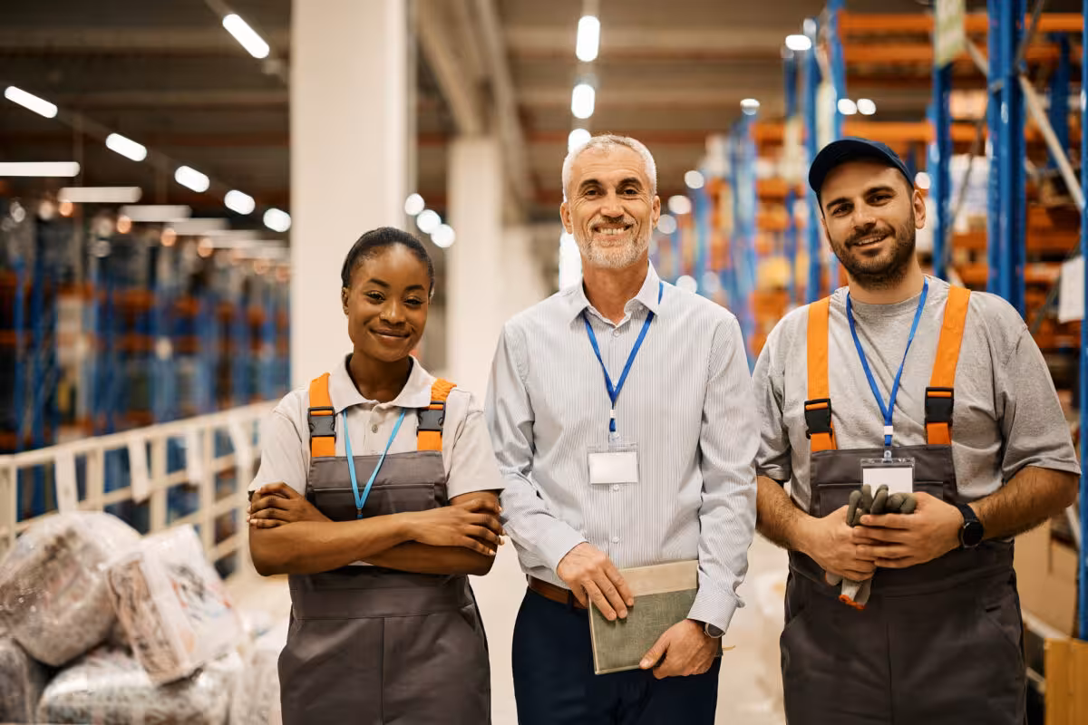 Three Smiling People Two Work Overalls One Buttondown Three smiling people, two in work overalls and one in a button-down shirt, stand in a warehouse.